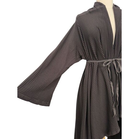 Bryn Walker Size L Long Open Cardigan Belted Black Gray Stripe Lagenlook Stretch - Picture 3 of 13
